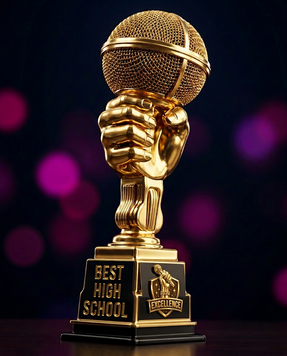 The gold Excel Award microphone statuette on its engraved base